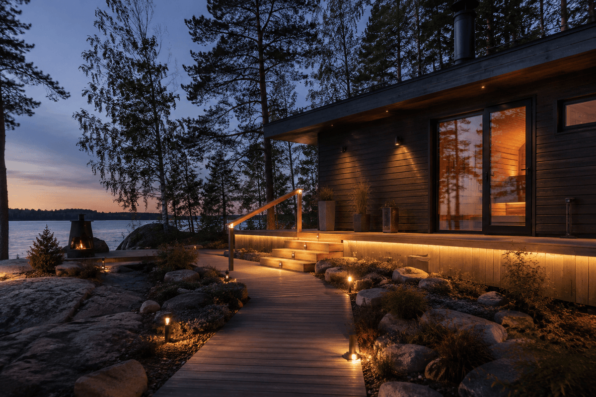 Kesäterassin energiatehokas valaistus kauniisti valaistulla terassilla järven rannalla auringonlaskun aikaan.