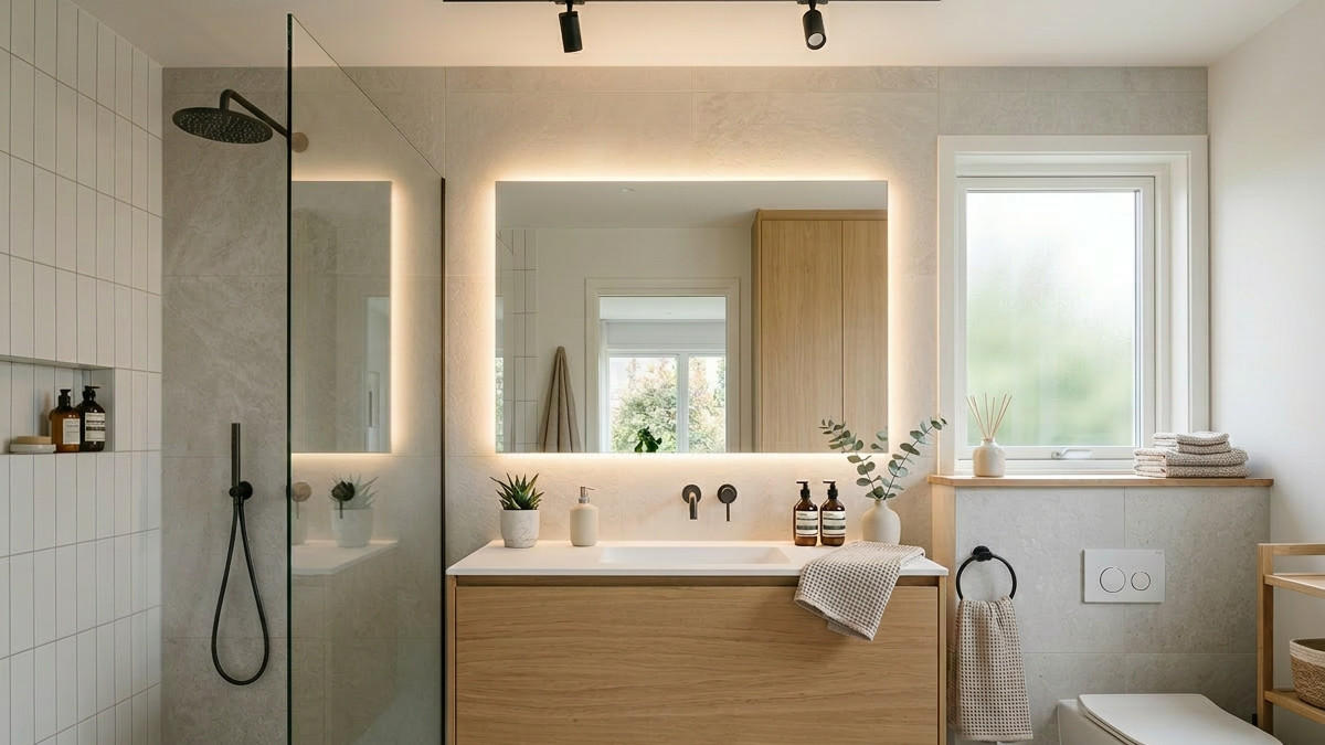 LED-valaistus kylpyhuoneeseen – mitä IP-luokkaa tarvitaan? Moderni kylpyhuone valaistuna LED-valoilla.