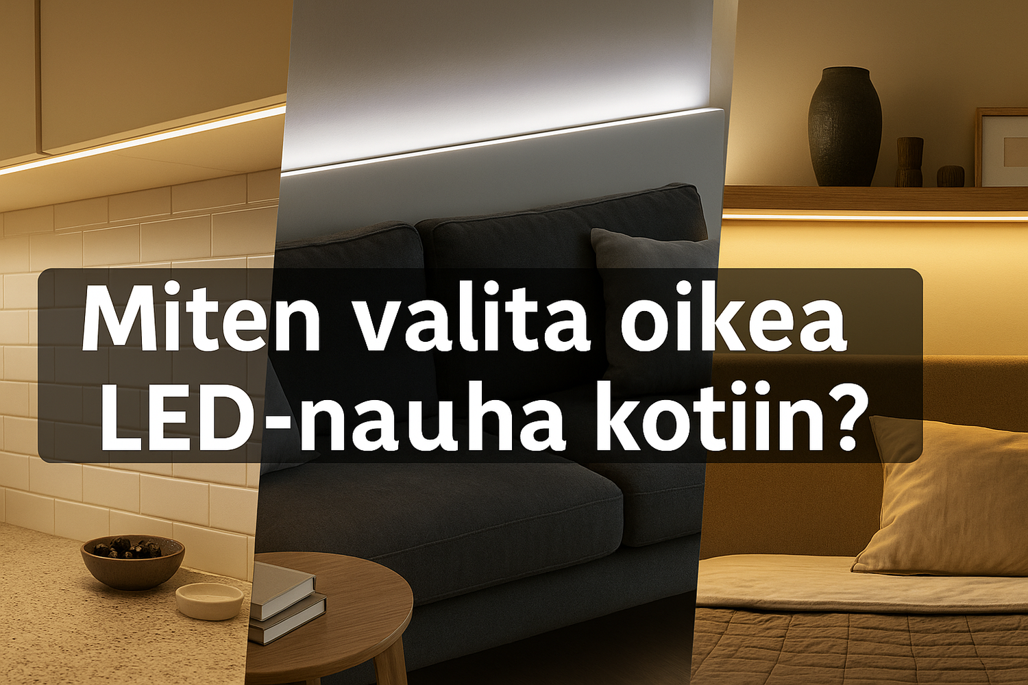 Maisemakuva, jossa esitellään LED-nauhojen eri valaistusratkaisuja kodin keittiössä, olohuoneessa ja makuuhuoneessa. Kuvassa näkyy lämpimän, neutraalin ja kylmän valon sävyjä LED-nauhoissa, ja päällä teksti