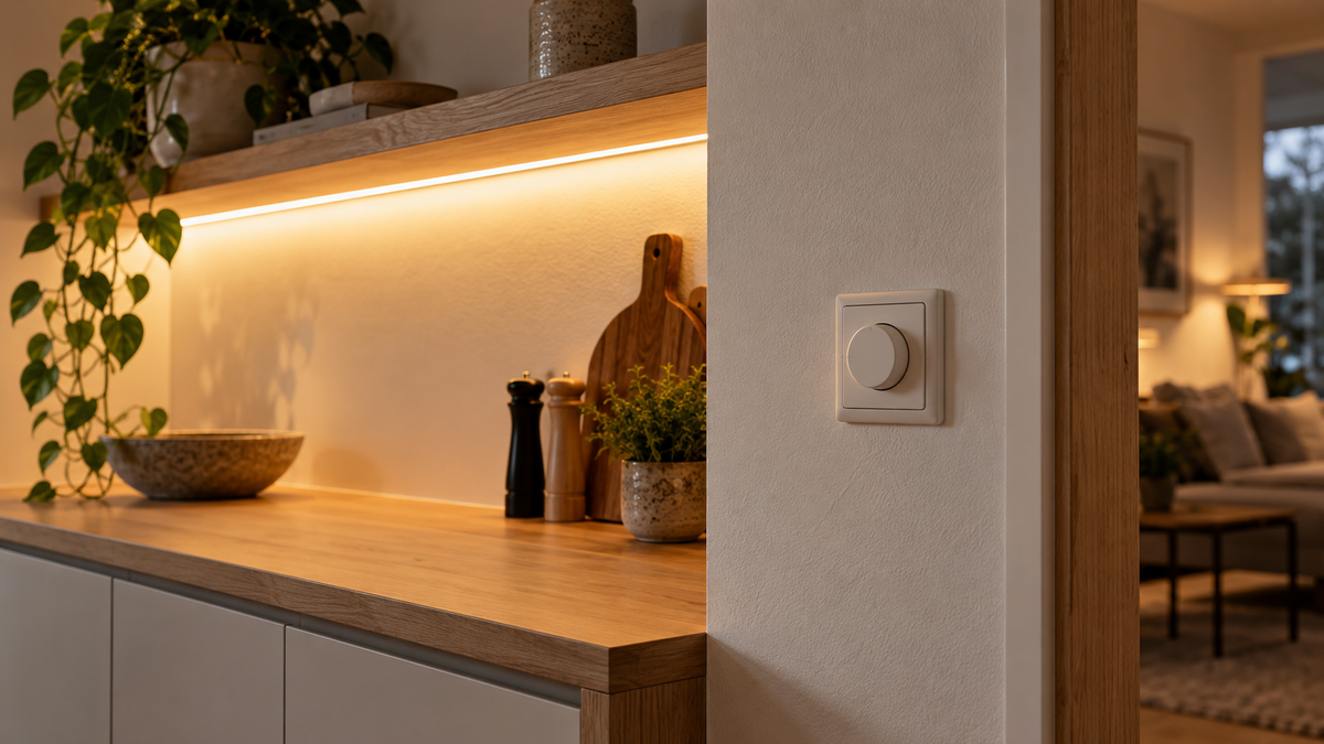 TRIAC-himmennin LED-valaistukseen asennettuna moderniin keittiöön, valaistus ja sisustus.