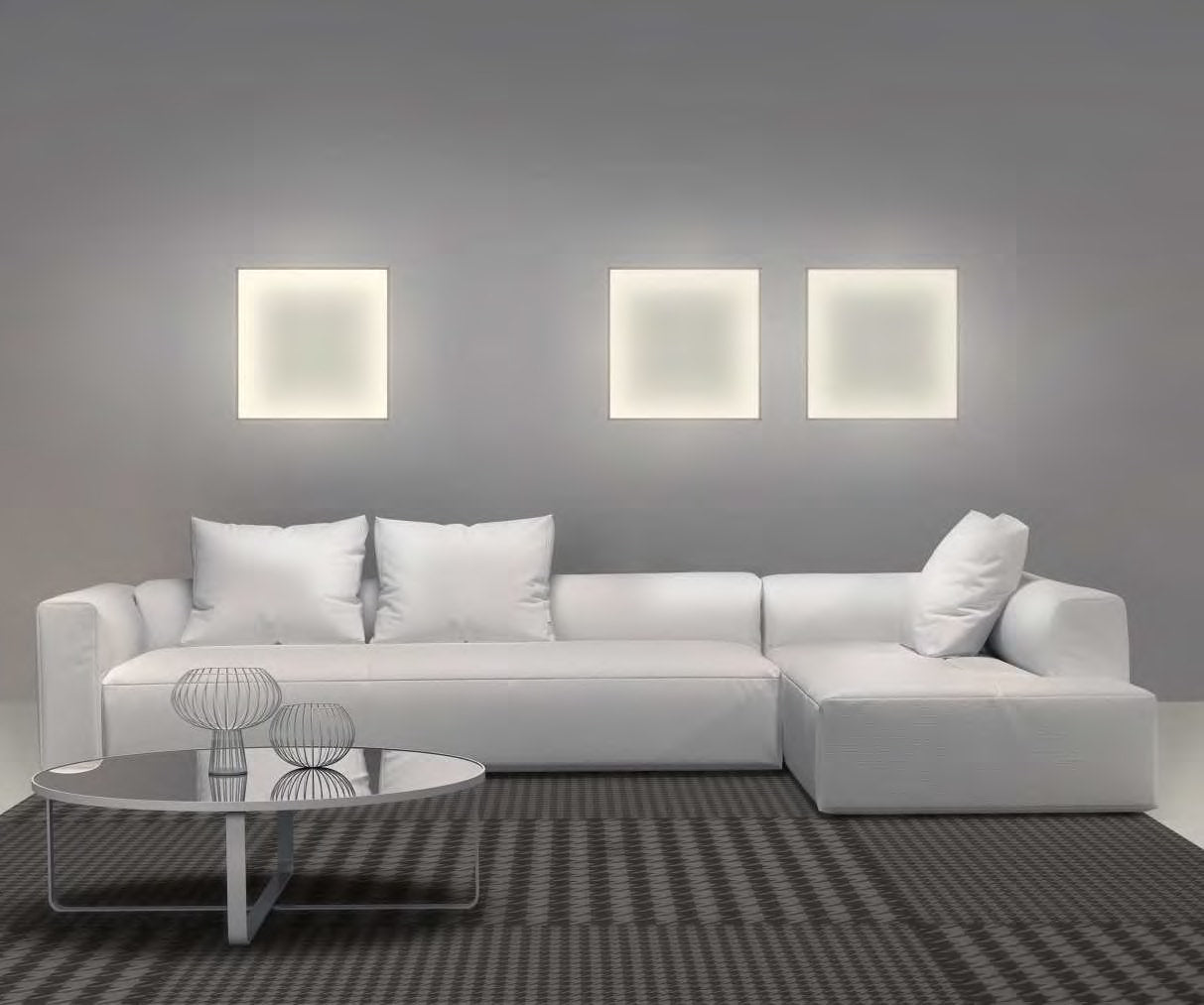 Luo omat valopaneelit LED-nauhalla modernissa olohuoneessa esim. valkoisen sohvan kanssa.