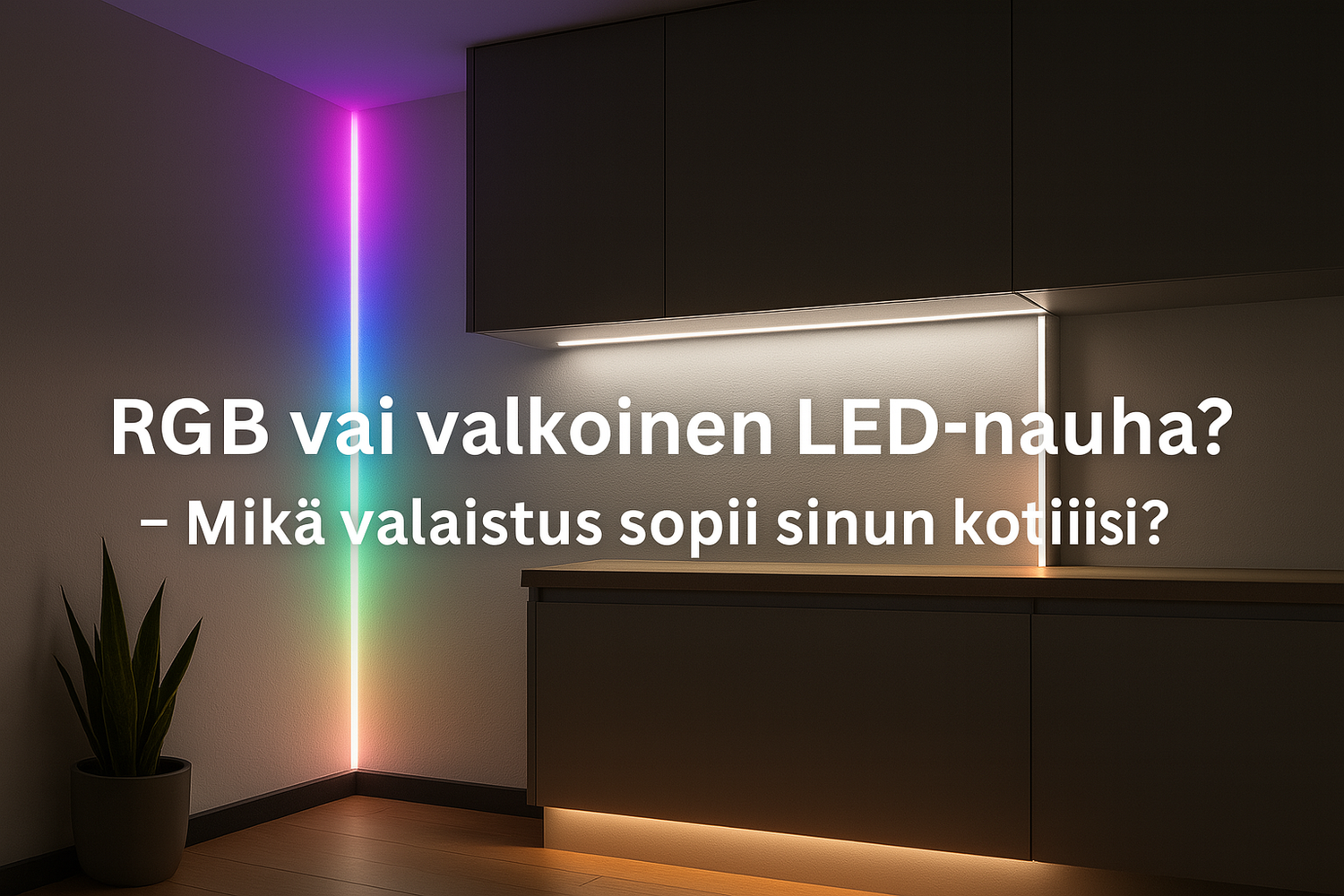 Moderni kodin sisätila, jossa näkyy eri tyyppisiä LED-nauhoja asennettuna ja valaistuna: RGB-värillinen nauha ja valkoinen LED-nauha