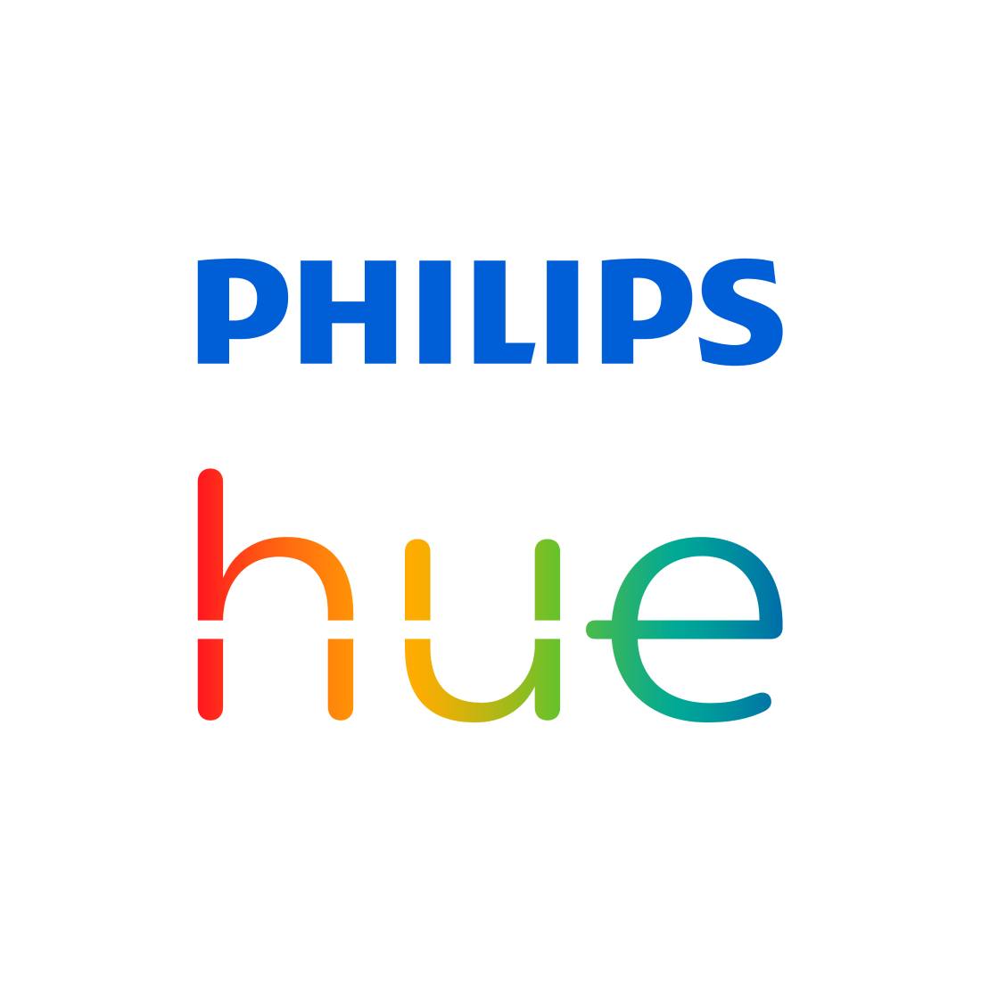 Philips Hue – älyvalaistus kotiin logo, jossa Philips ja hue brändin nimi yhdistettyinä värikkäästi.