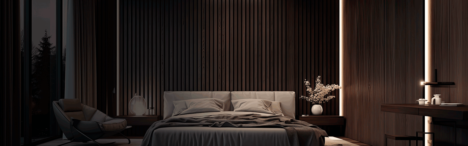 Mallikuva makuuhuoneesta, jossa LED-profiilit