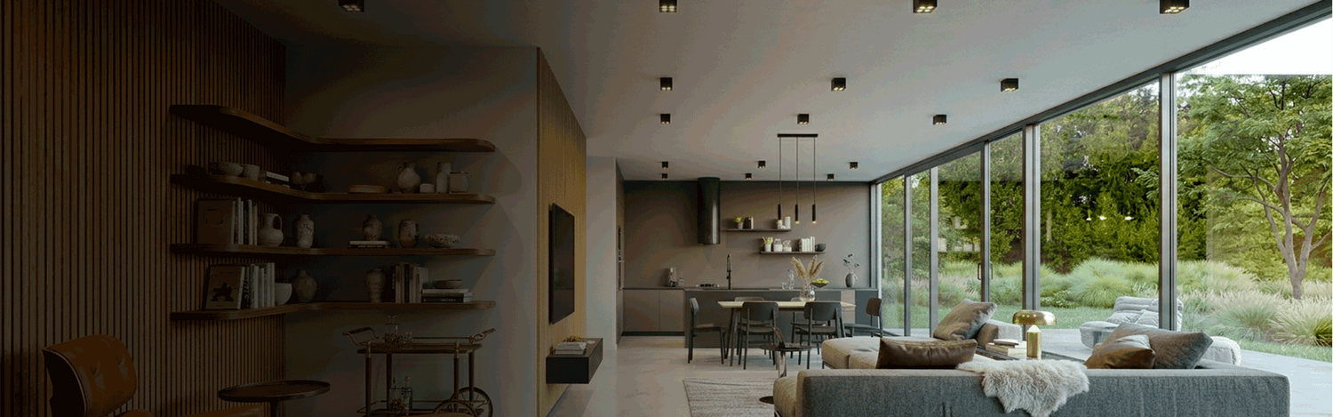 Olohuone, jossa LED-sisustusvalaisimia