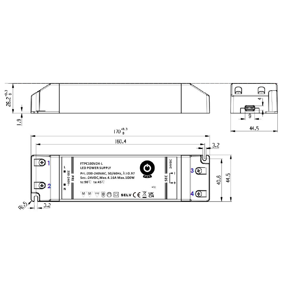 100W 12V LED-muuntaja mitat ja tekniset tiedot
