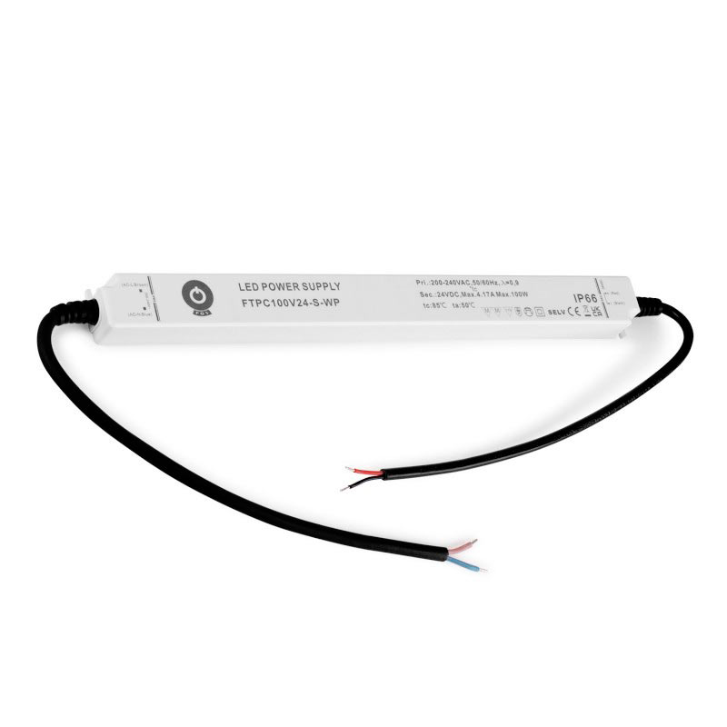24V 100W IP66 LED-muuntaja, ohut ja pitkä malli, sopii kosteisiin tiloihin