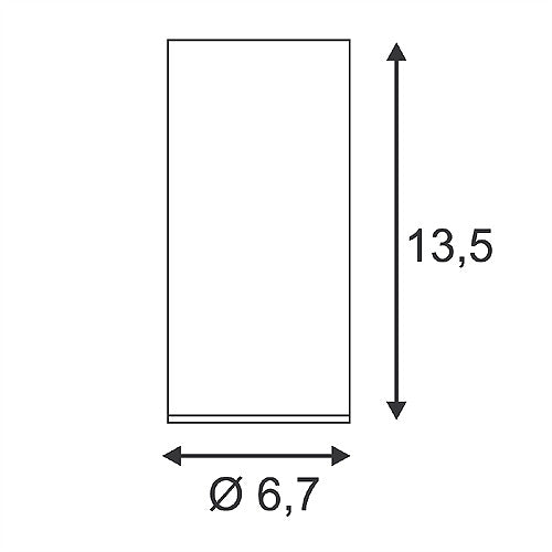 Kuvassa on mustan LED-kattovalaisimen ENOLA B CL1 mitat: korkeus 13,5 cm ja halkaisija Ø 6,7 cm.