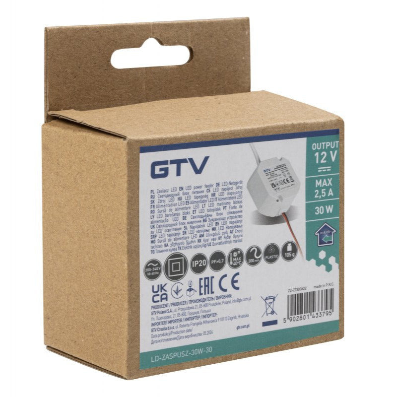 30W 12V LED power supply for ceiling cup packaging, IP20, indoor use, quality driver for LED lights
