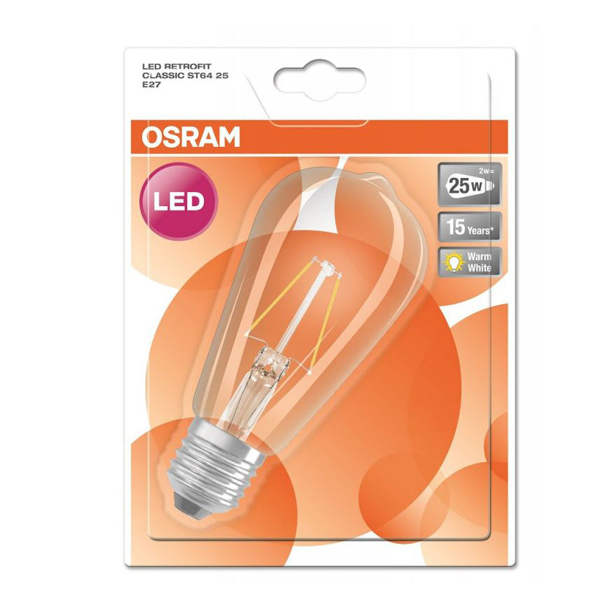 Osram E27 LED-lamppu 2700K pakkauksessa, LED Retrofit Classic ST64, 25W hehkulampun korvike.