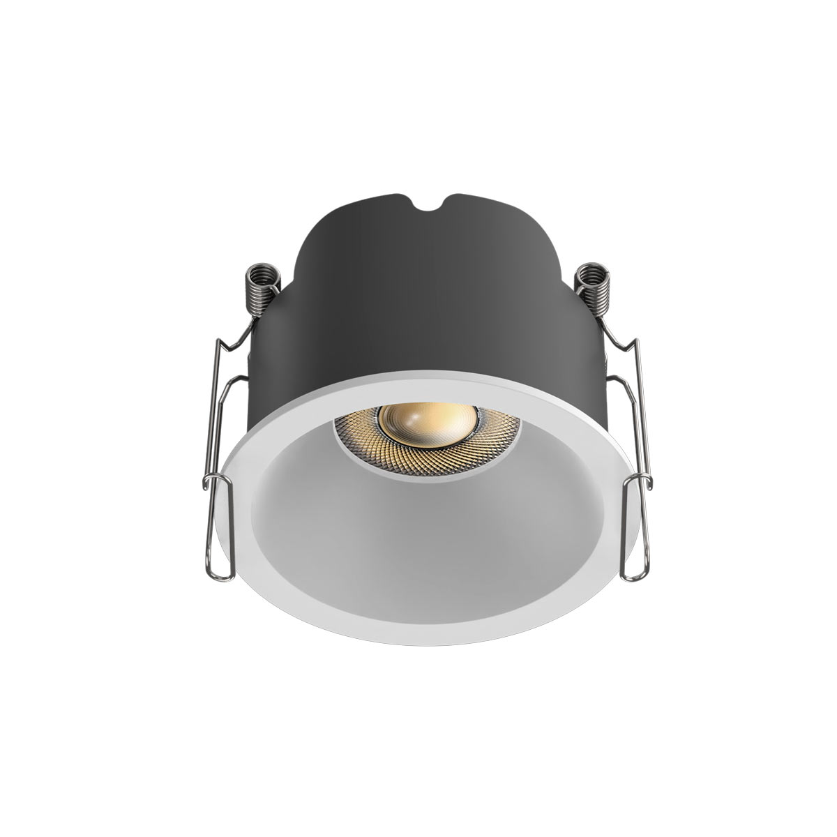LED-alasvalo 6W valkoinen 3-CCT, esittelyssä musta sokkeli ja sisäinen linssi.