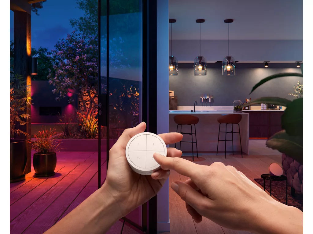 Philips Hue Tap Dial Switch in use to control lighting in a stylish interior space.