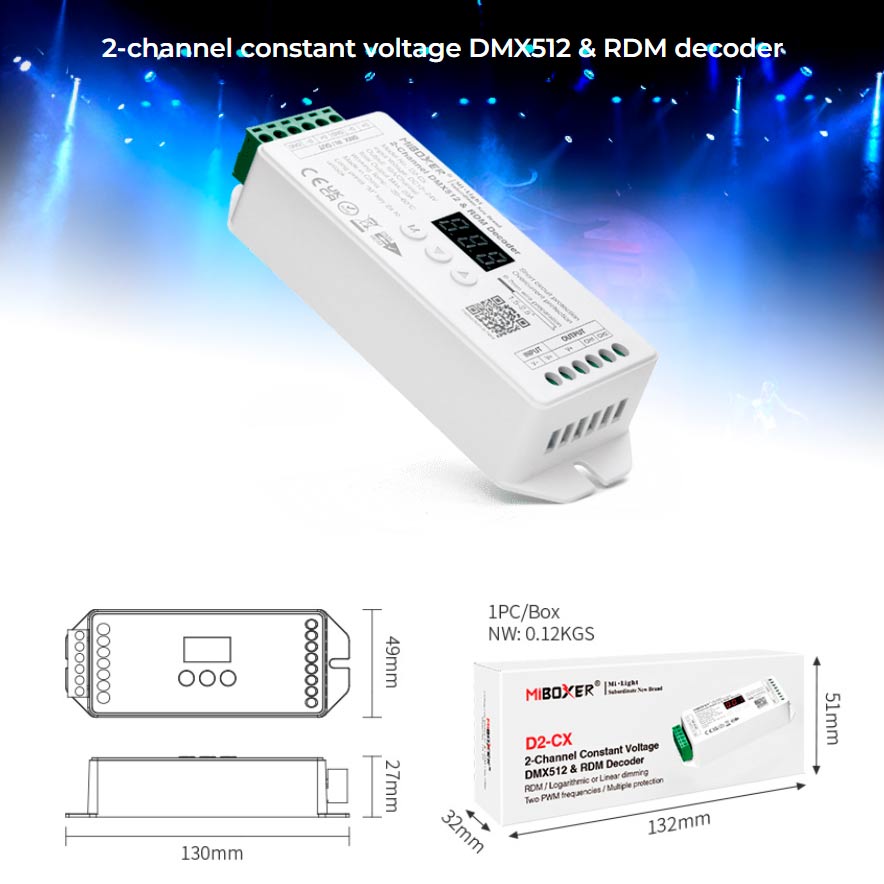 DMX decoder 12-24VDC 2 channels, max. 20A DMX512 & RDM - D2-CX product with precise LED lighting control