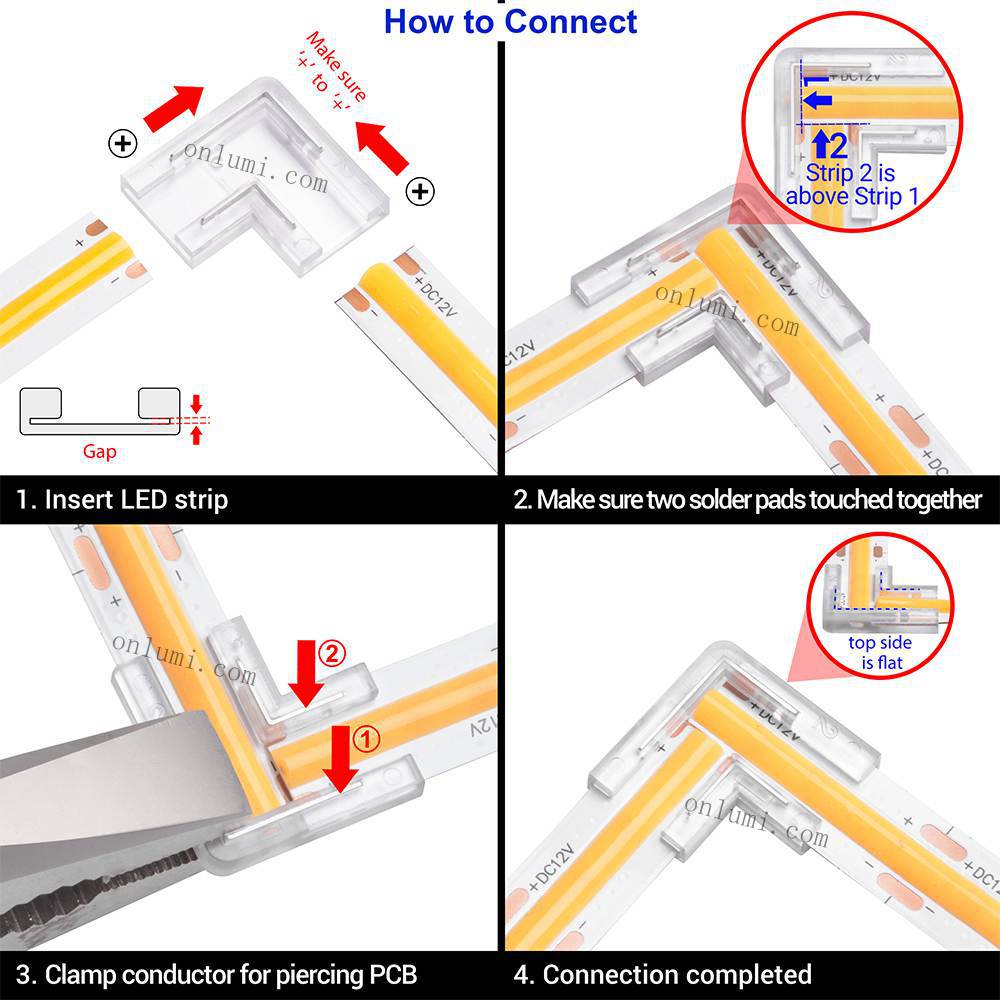 COB LED strip corner connector, installation instructions for connecting LED strip in corner