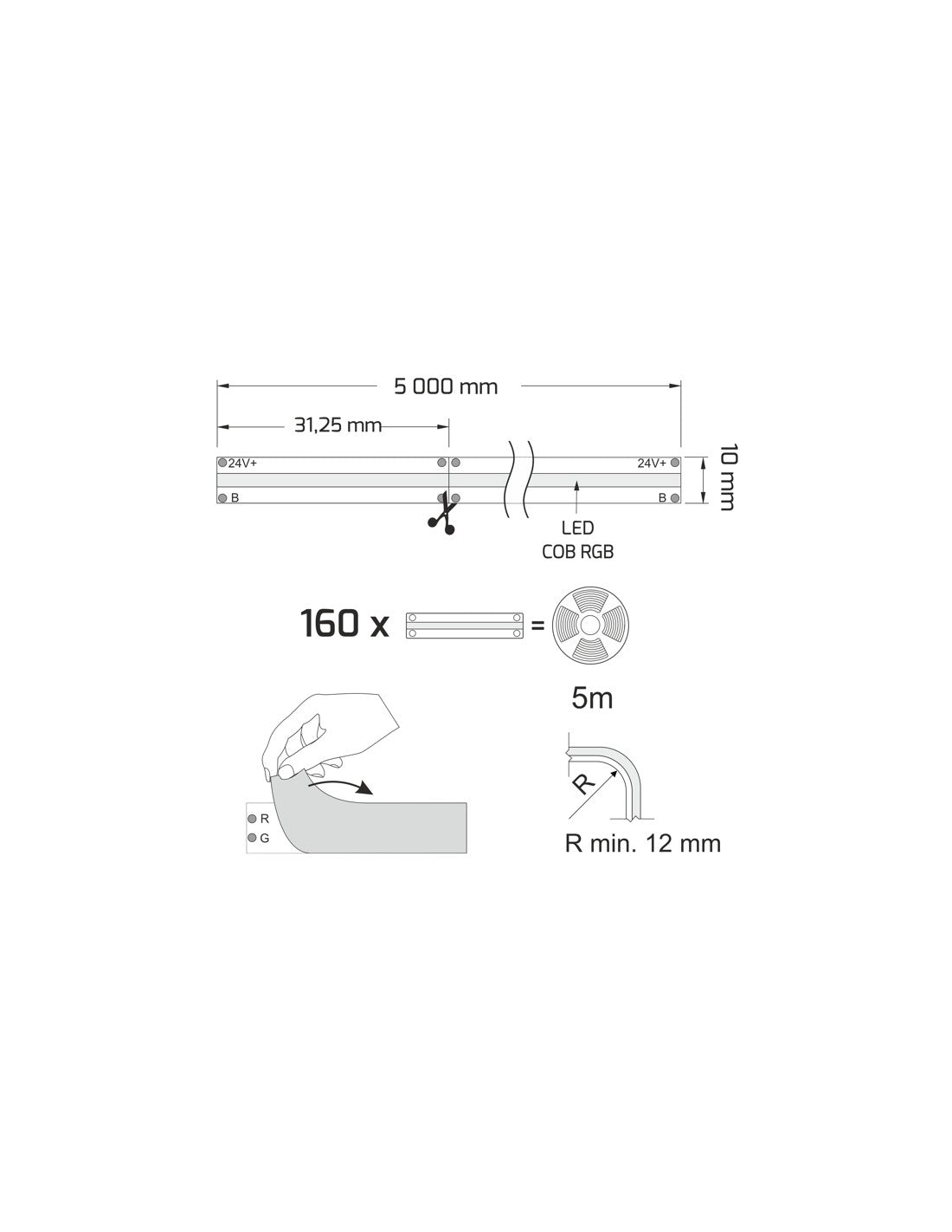 RGB COB LED-nauha 16W/m 24V 5m