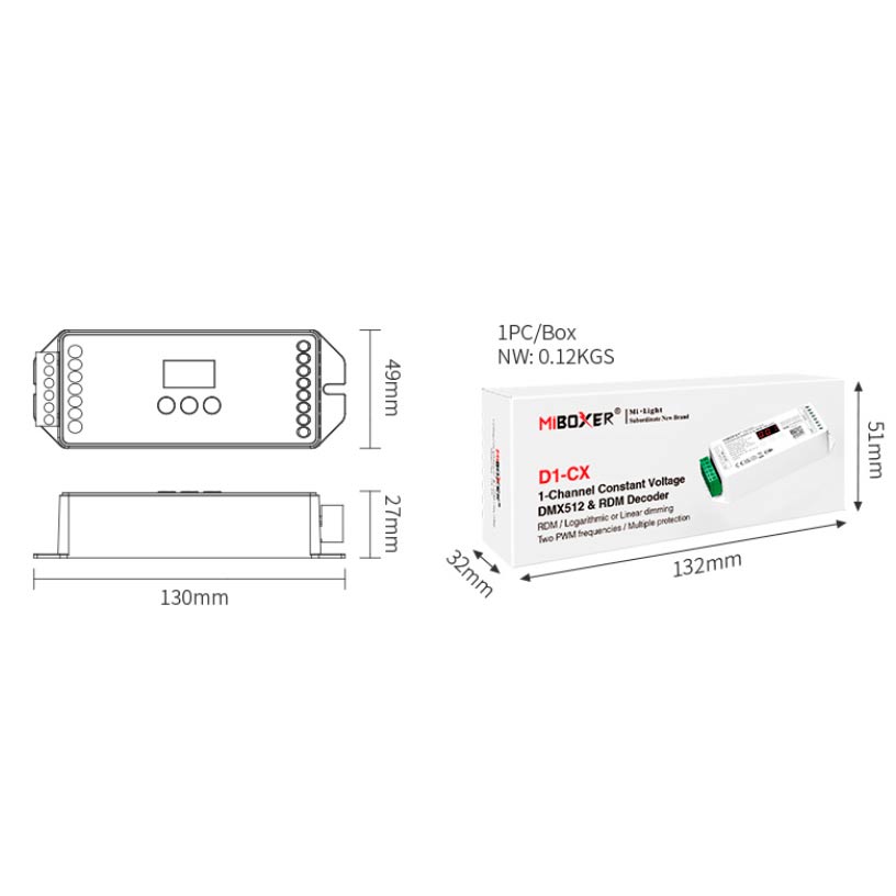 DIM DMX decoder 12-24VDC D1-CX dimensions and packaging