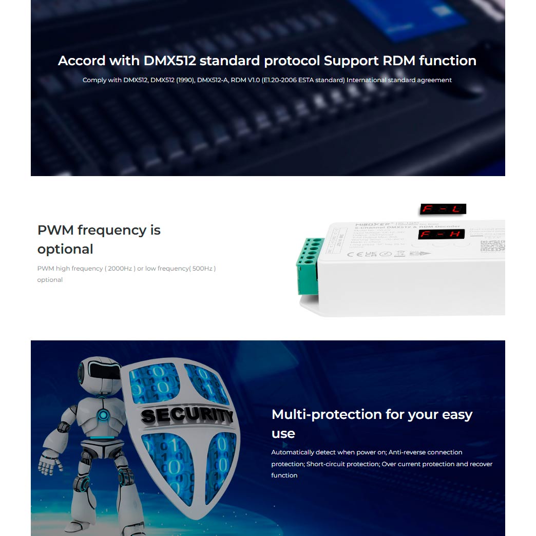 DMX decoder RGB+CCT, supports DMX512 protocol and RDM function, versatile features