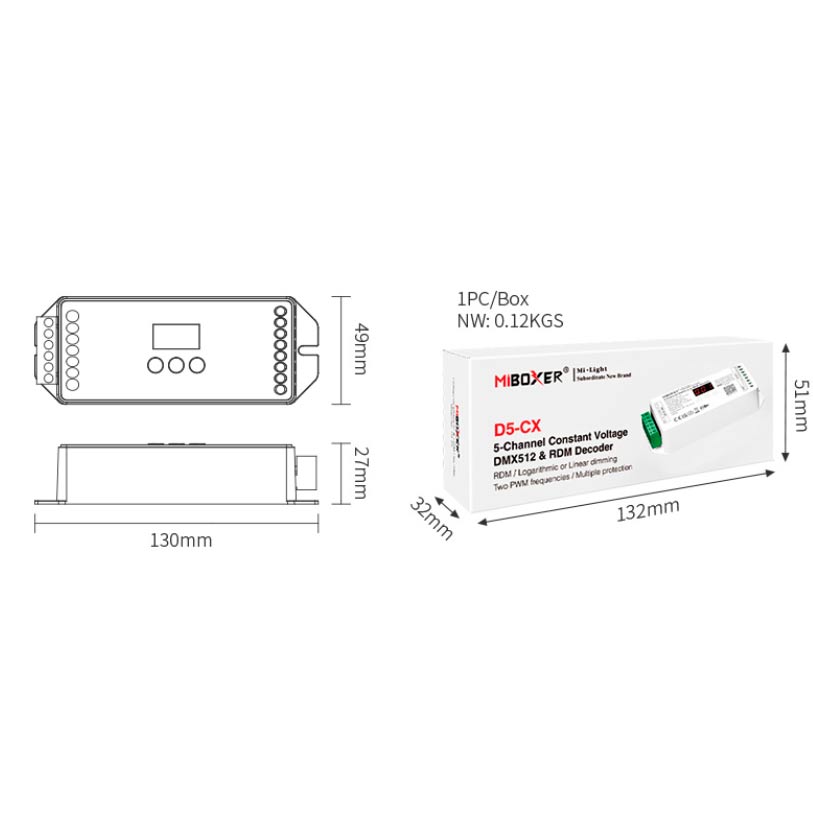 DMX decoder RGB+CCT dimension diagram MiBoxer D5-CX 5-channel 12-24V DC