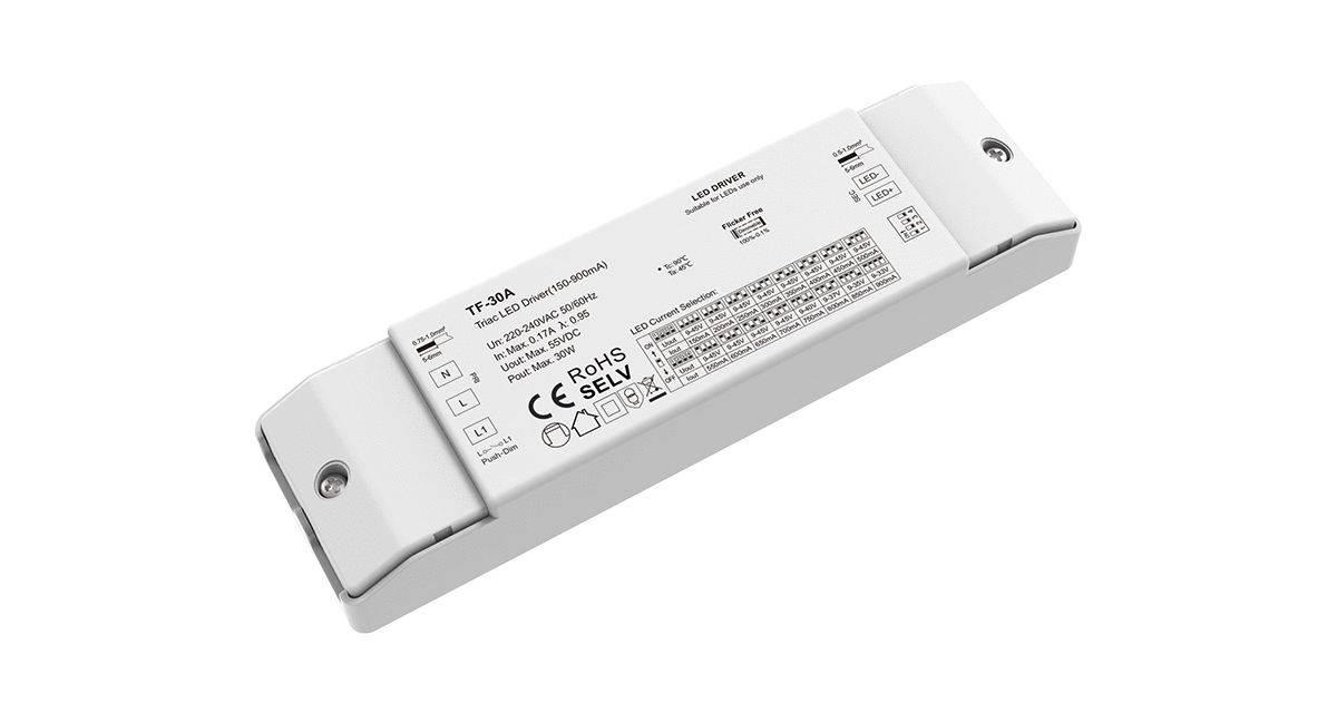 30W TRIAC-himmennettävä vakiovirtateholähde 150mA-900mA 9-45V (+PUSH DIM) LED-alasvaloille