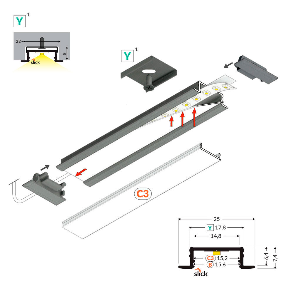 URA14.V2 LED-profilset anodiserad, 2m