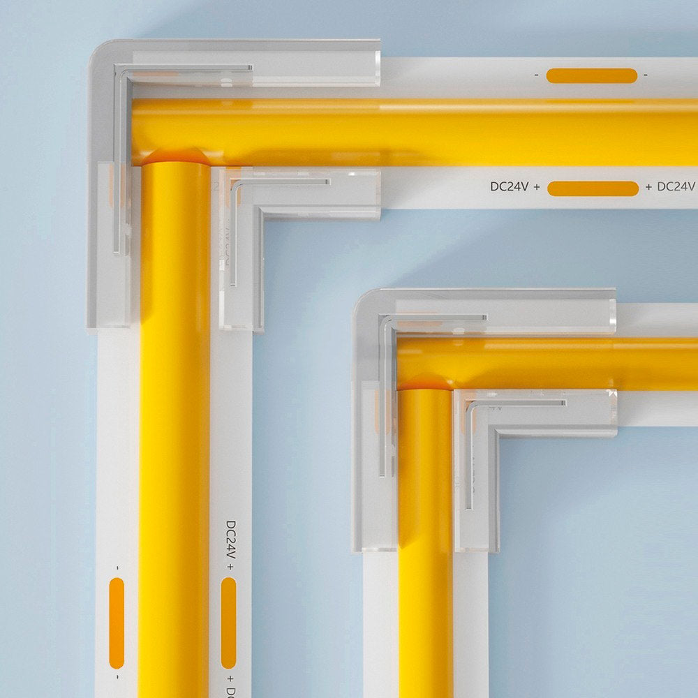 COB LED strip corner connector shown in corner, joining two 8mm wide COB LED strips