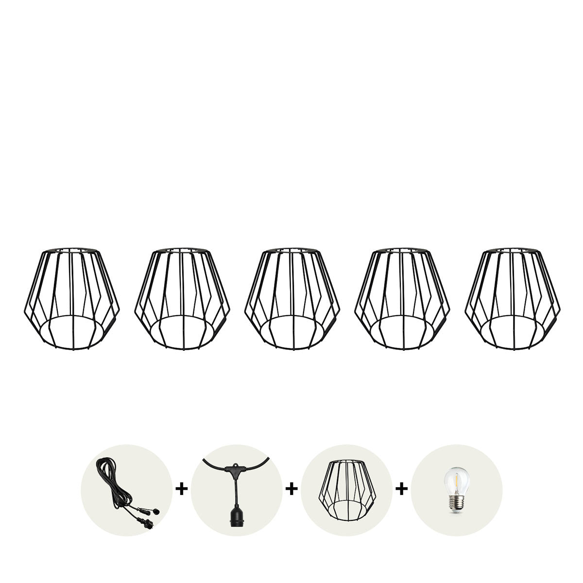 CRETE LED-ljusslingset metallskärmar 5 st, CAGE svart LS D1