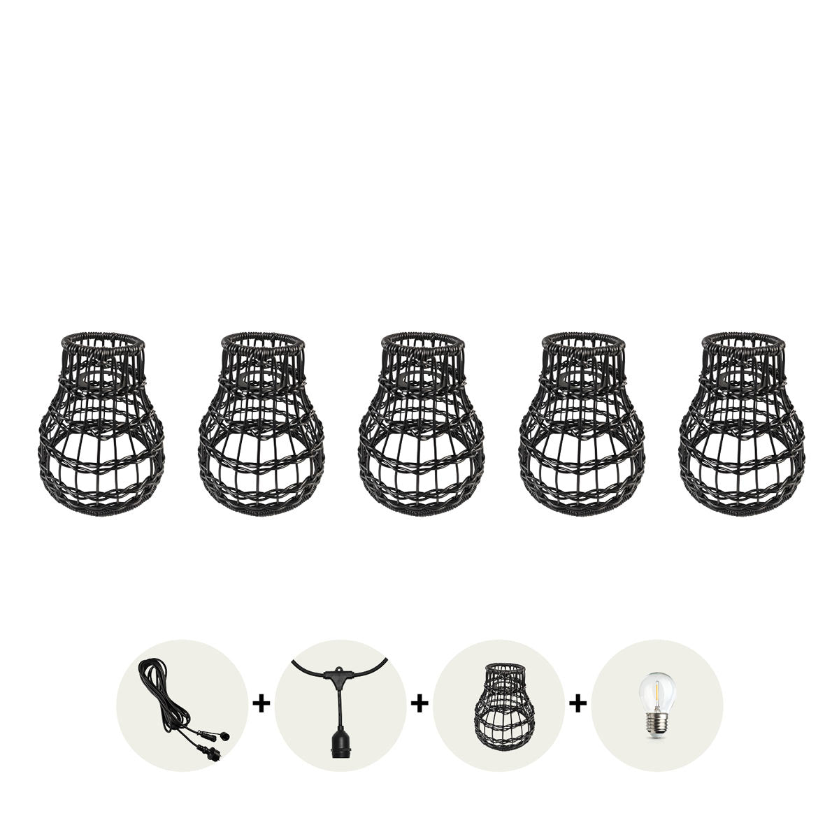 CRETE LED-ljusslingset med skärmar i konstrotting, 5 st, svart LS R2