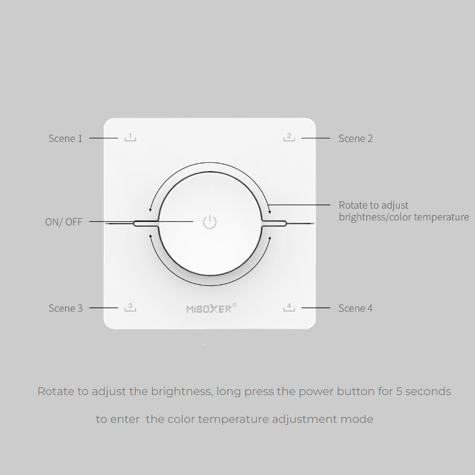 Trådlös 1-kanals LED-väggkontroller + 4 scener vitt, dimning och CCT-färgtemperaturkontroll K0-W - Easy RF 2.4G