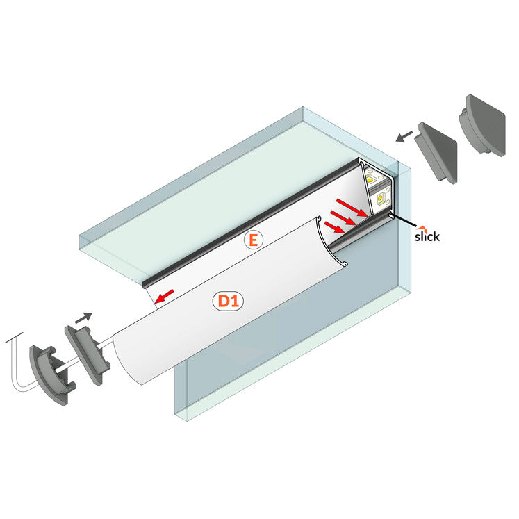 Diffuusori D1, 2m kaareva kansi KAAPPI12 LED-profiileihin