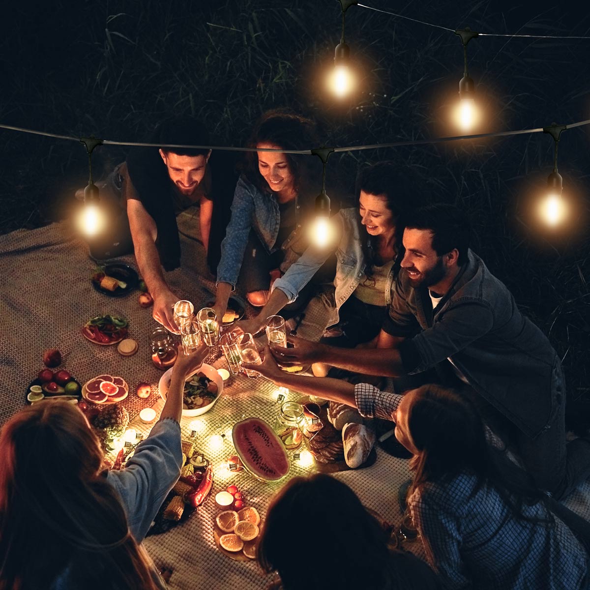 Ljusslingesats MIMOSA2 10m & 10 st 1W 2700K E27 LED-lampor, IP44 lämplig för utomhusbruk