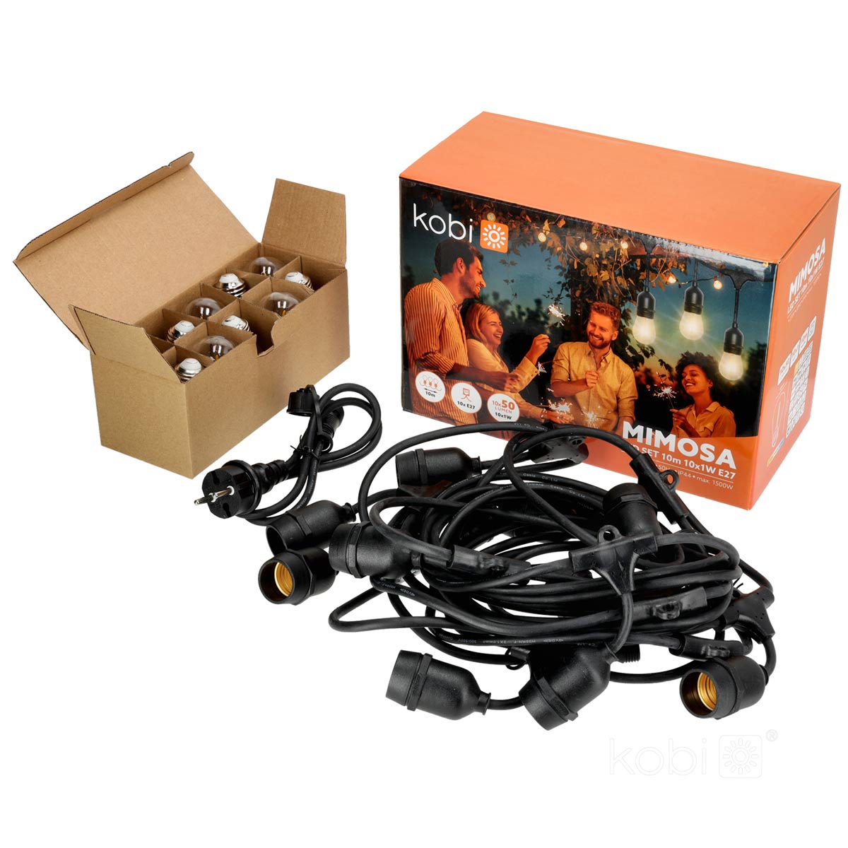 Ljusslingesats MIMOSA2 10m & 10 st 1W 2700K E27 LED-lampor, IP44 lämplig för utomhusbruk