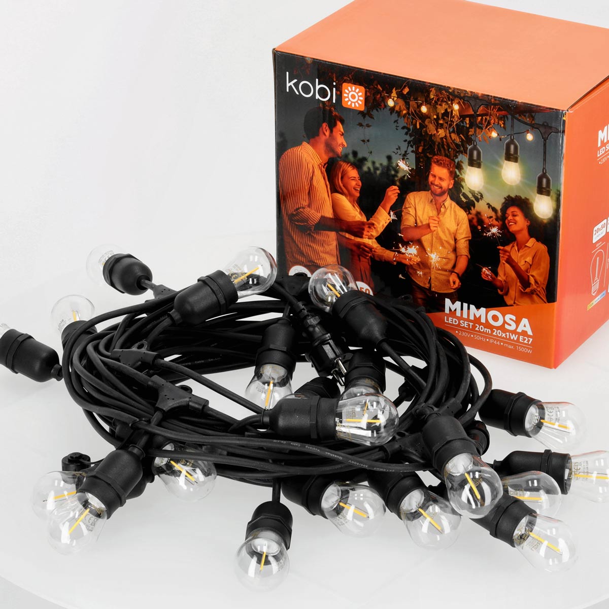 Ljusslingesats MIMOSA2 20m & 20st 1W 2700K E27 LED-lampor, IP44 lämplig för utomhusbruk
