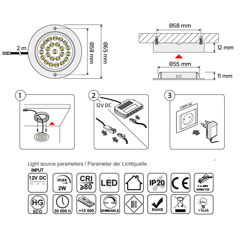 2W 12V LED-möbellampa OVAL borstat stål, 200lm CRI80, IP20, dimbar