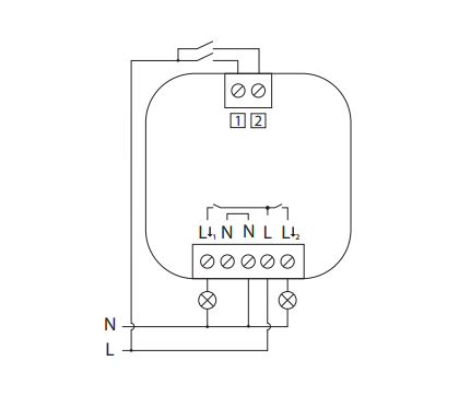 Plejd REL-02 Bluetooth kaksoisrele 230V kytkentäkaavio valaistuksen ohjaukseen.