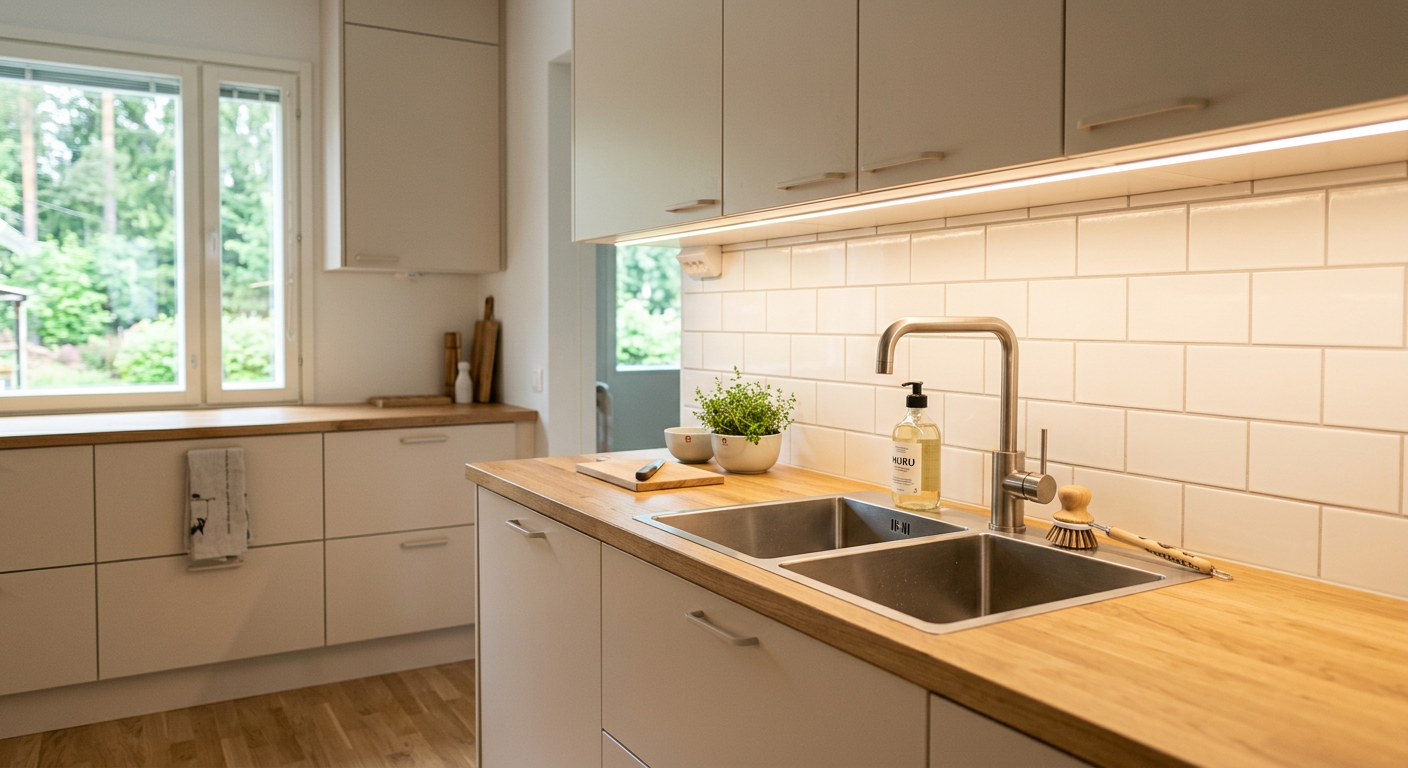 LED-valaistus keittiössä työtasolla avarassa modernissa keittiössä