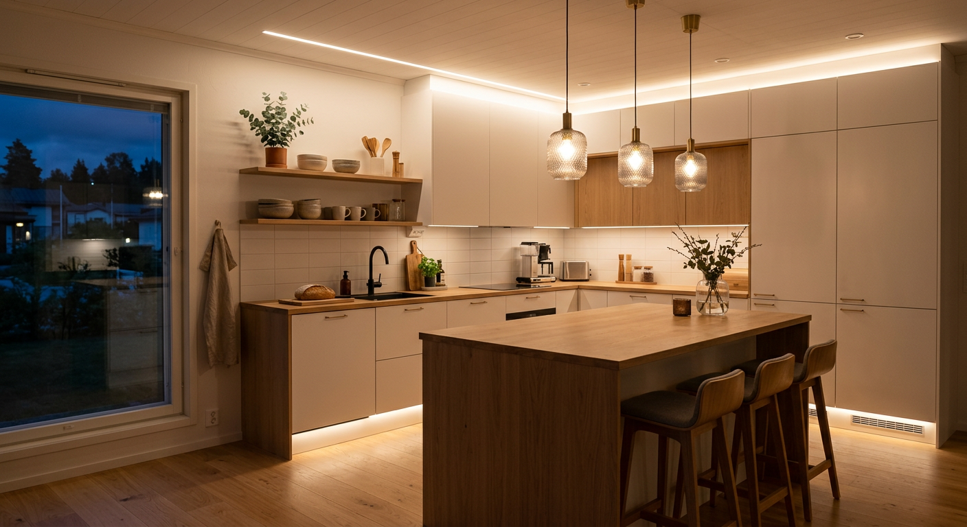 Huippulaatuiset ledit vaativiin kotiprojekteihin valaisee modernia keittiötä tunnelmallisesti.