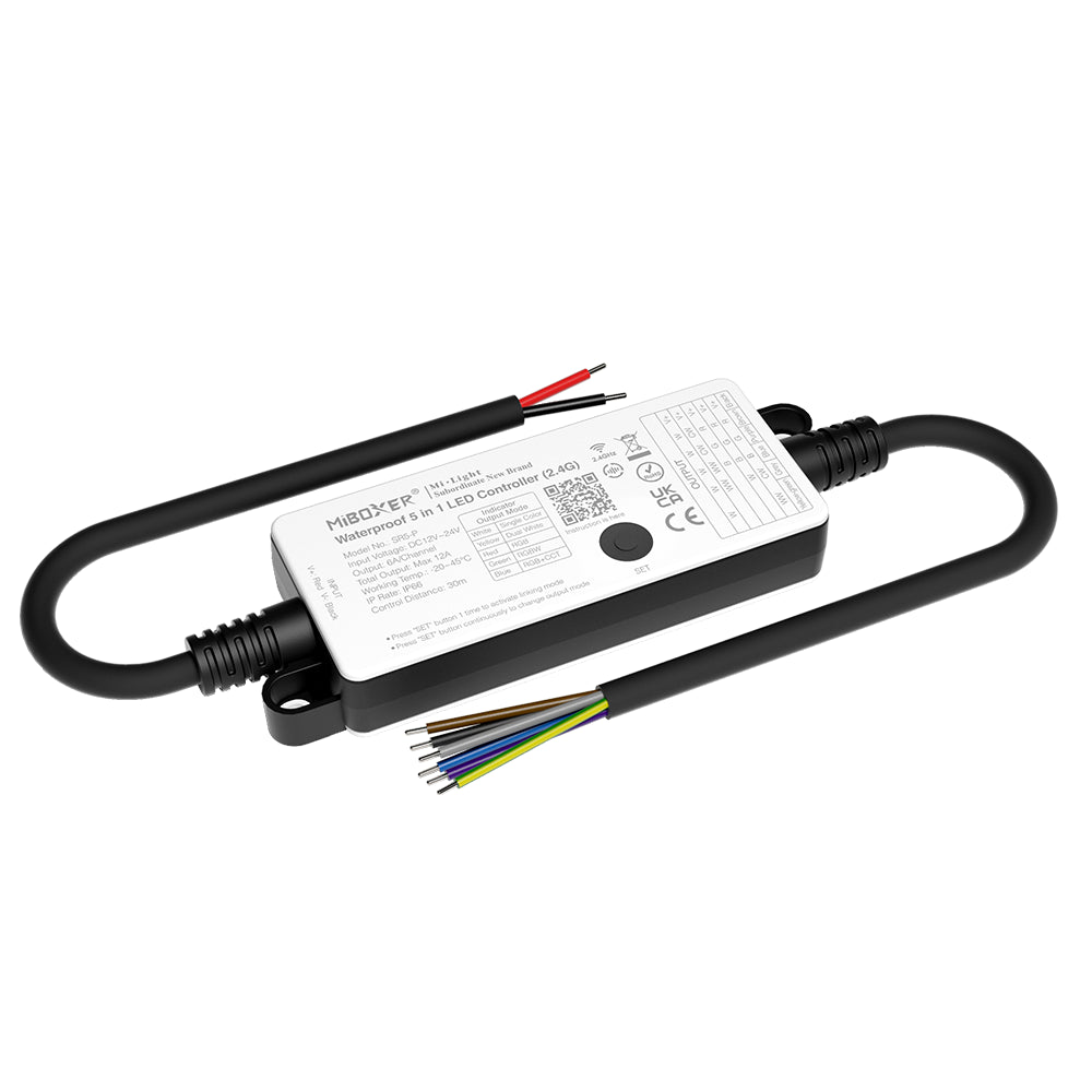 5-i-1-mottagare fuktsäker IP66, för alla 12-24V LED-remsor RGB+CCT SR5-P - Smart LED 2.4G + DMX