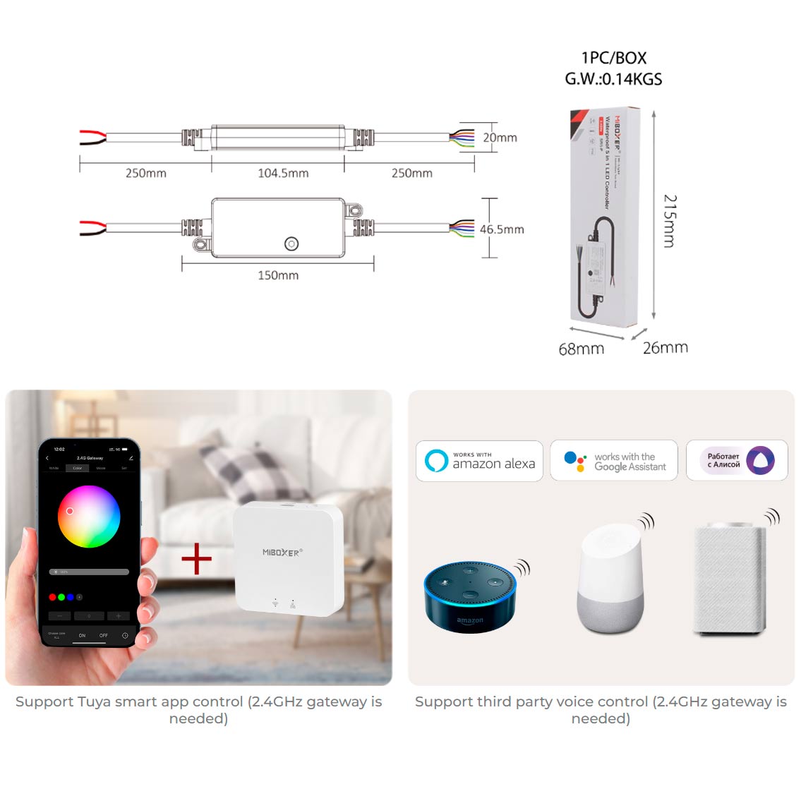 5-i-1-mottagare fuktsäker IP66, för alla 12-24V LED-remsor RGB+CCT SR5-P - Smart LED 2.4G + DMX