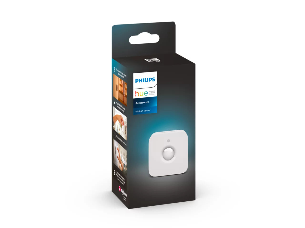 Philips Hue liiketunnistin pakkauksen kuva, jossa näkyy tunnistin ja sen ominaisuuksia.