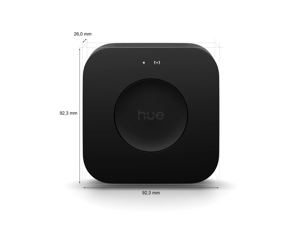 Philips Hue Bridge Pro - Hue-älyvalaistuksen keskusyksikkö, musta, mitat 92,3 mm x 26,0 mm.