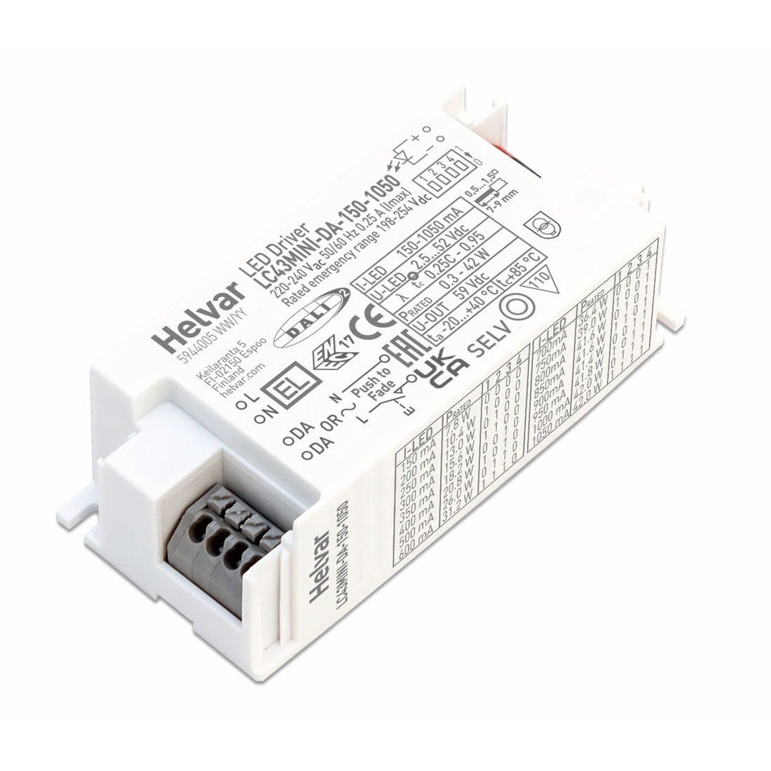 43W 150-1050mA 2,5-52V DALI-2 konstantströmsnätaggregat, HELVAR LC43MINI-DA-150-1050