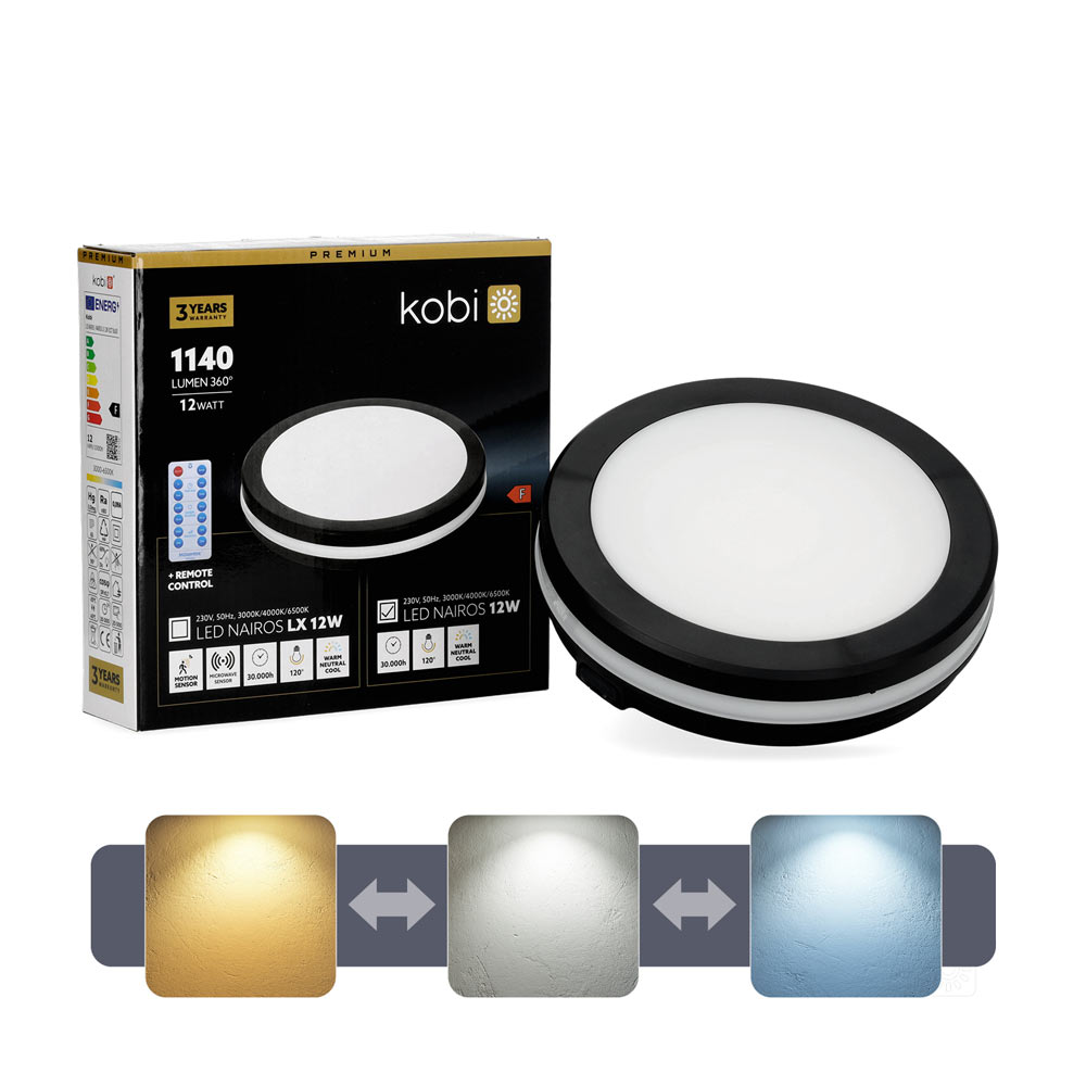LED-lampa NAIROS SVART 12W 3000/4000/6500K Ø200mm 1140lm IP65