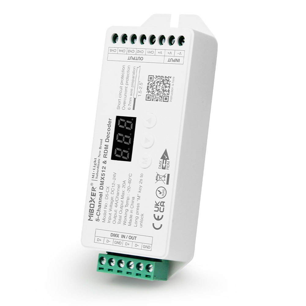 RGB+CCT DMX-dekoder 12-24VDC 5 kanaler max. 20A DMX512 & RDM - D5-CX 