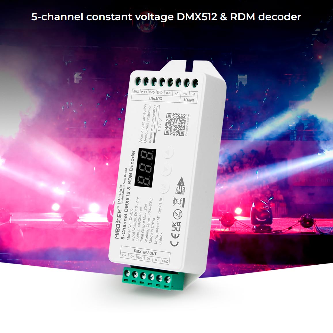RGB+CCT DMX-dekoder 12-24VDC 5 kanaler max. 20A DMX512 & RDM - D5-CX 