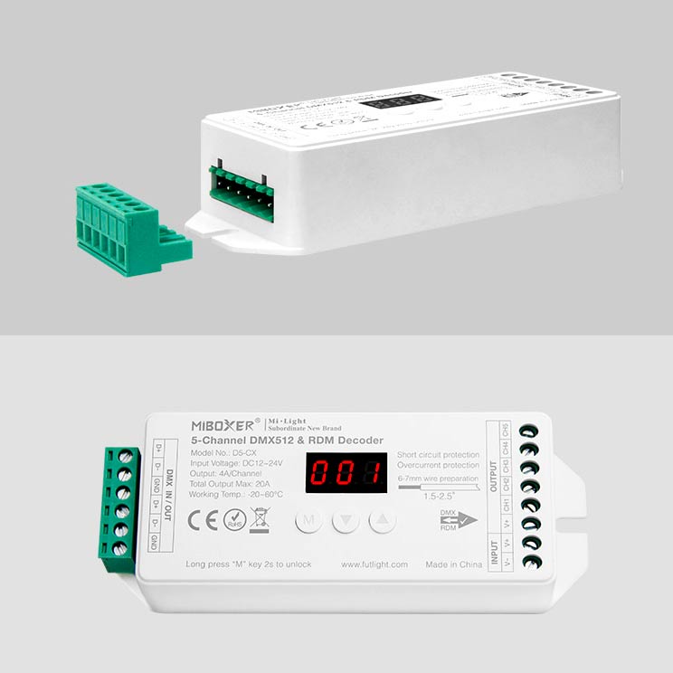 RGB+CCT DMX-dekoder 12-24VDC 5 kanaler max. 20A DMX512 & RDM - D5-CX 