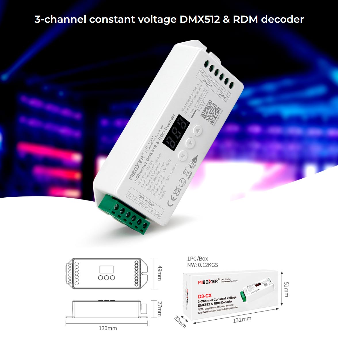 RGB DMX-dekoder 12-24VDC 3 kanaler max. 18A DMX512 & RDM - D3-CX 