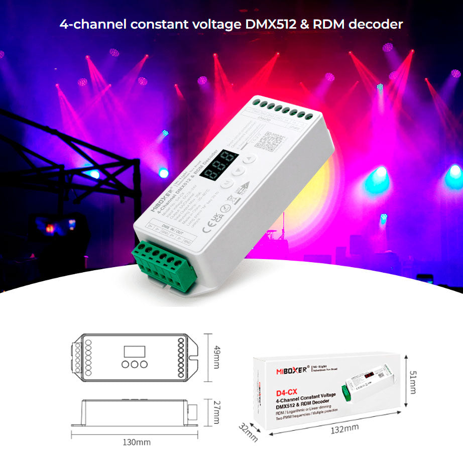 RGBW DMX-dekoder 12-24VDC 4 kanaler max. 20A DMX512 & RDM - D4-CX 