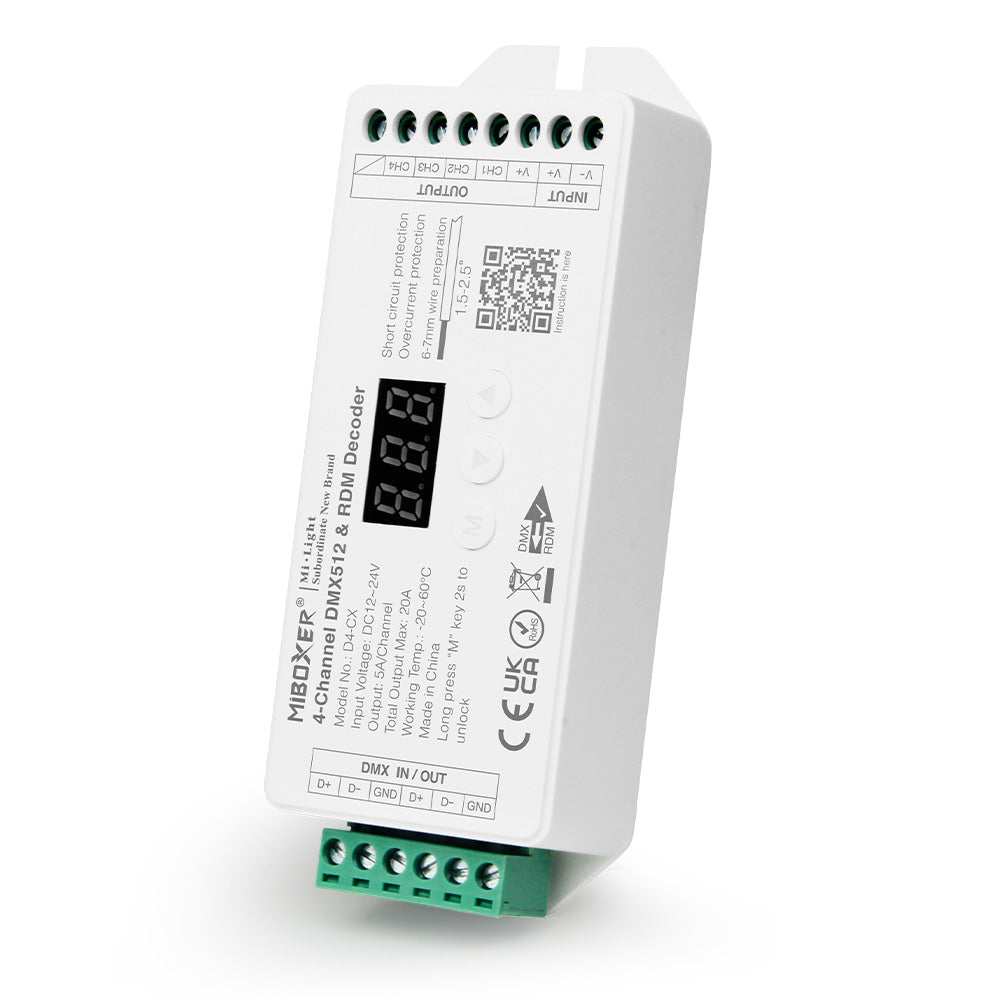 RGBW DMX-dekoder 12-24VDC 4 kanaler max. 20A DMX512 & RDM - D4-CX 
