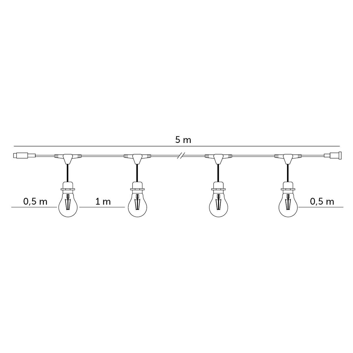 CRETE LED-valoketjusarjan 5m valoketju sis. 5kpl E27 lampunkantoja, IP44 (pelkkä 5m ketju)