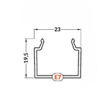 Diffuusori E7 LED-profiili, mittatiedot: leveys 23mm, korkeus 19,5mm.